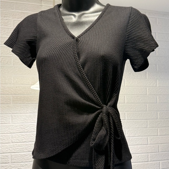 Caution To The Wind Tops - Caution To The Wind Black‎ Ribbed Wrap Blouse